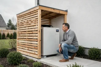 Pompe à chaleur extérieure installée sous un abri en bois sur terrasse de maison individuelle