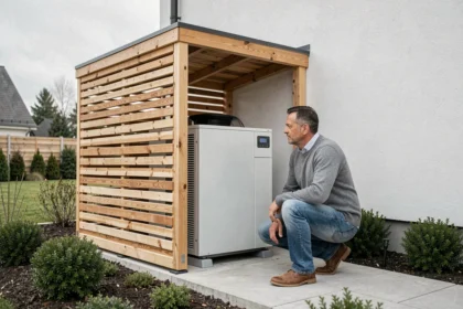 Pompe à chaleur extérieure installée sous un abri en bois sur terrasse de maison individuelle