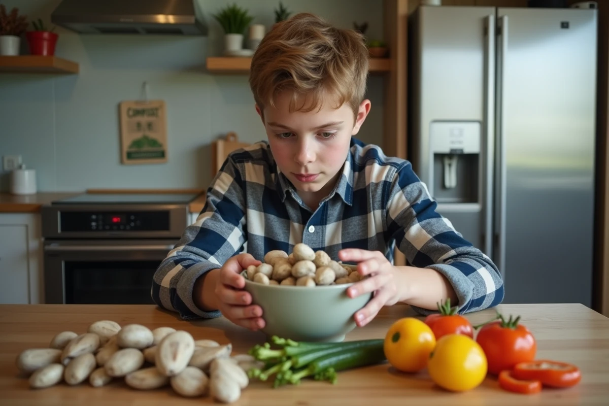 Adolescent triant déchets de cuisine sur un plan de travail