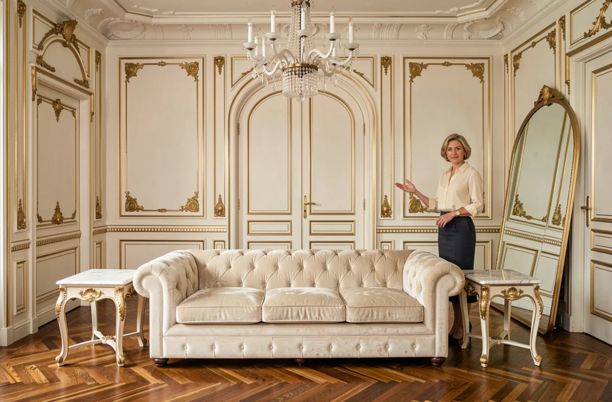 Salon néo-classique parisien conçu par l'agence Véronique Cotrel avec boiseries blanches et parquet en noyer