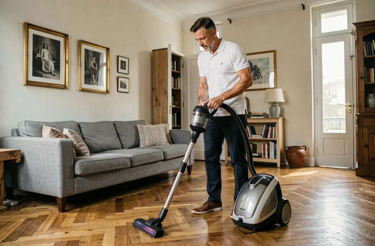 Agent de ménage passant l'aspirateur dans un salon d'appartement à Chartres