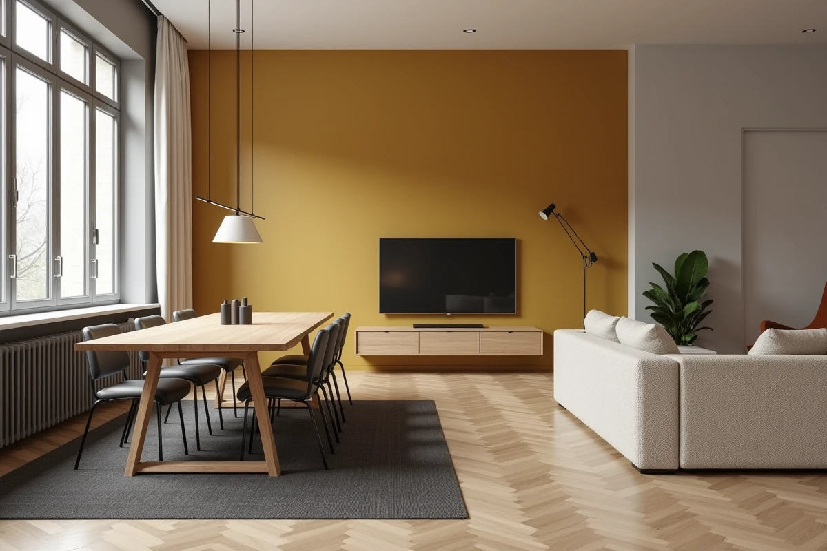 Appartement parisien avec salon et salle à manger combinés, mur jaune moutarde côté repas et canapé bouclé crème côté salon pour une délimitation par la couleur