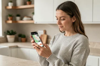 Femme consultant une application de sécurité domestique sur son smartphone dans une cuisine moderne