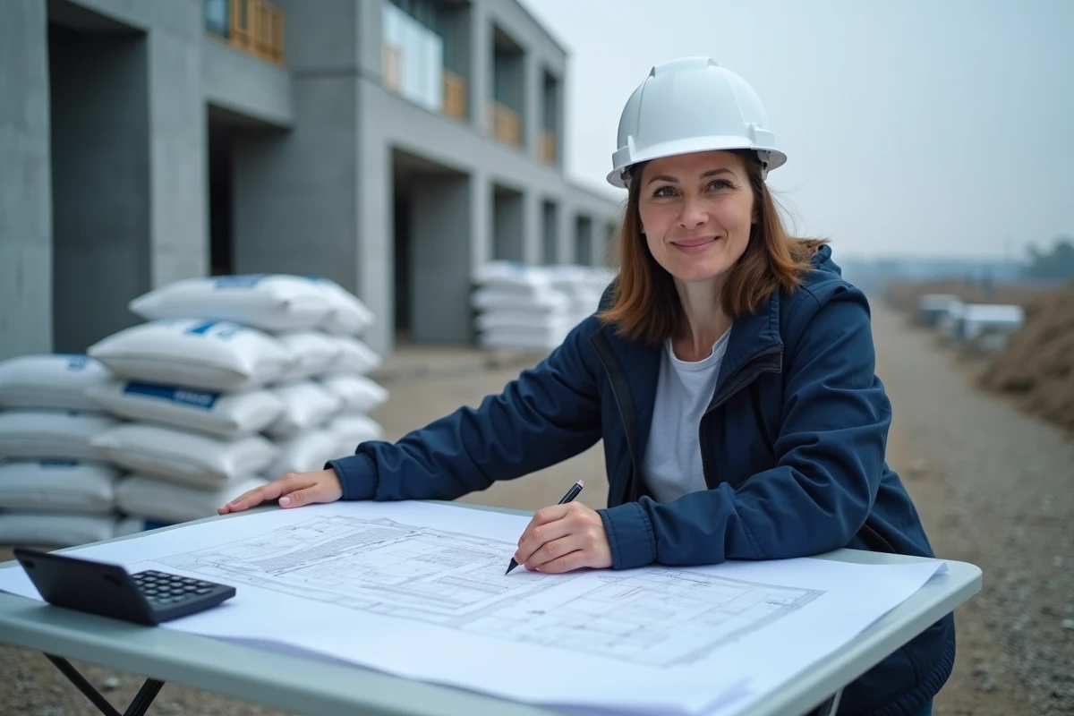 Architecte calculant le volume de béton en m3 sur des plans de chantier avec calculatrice