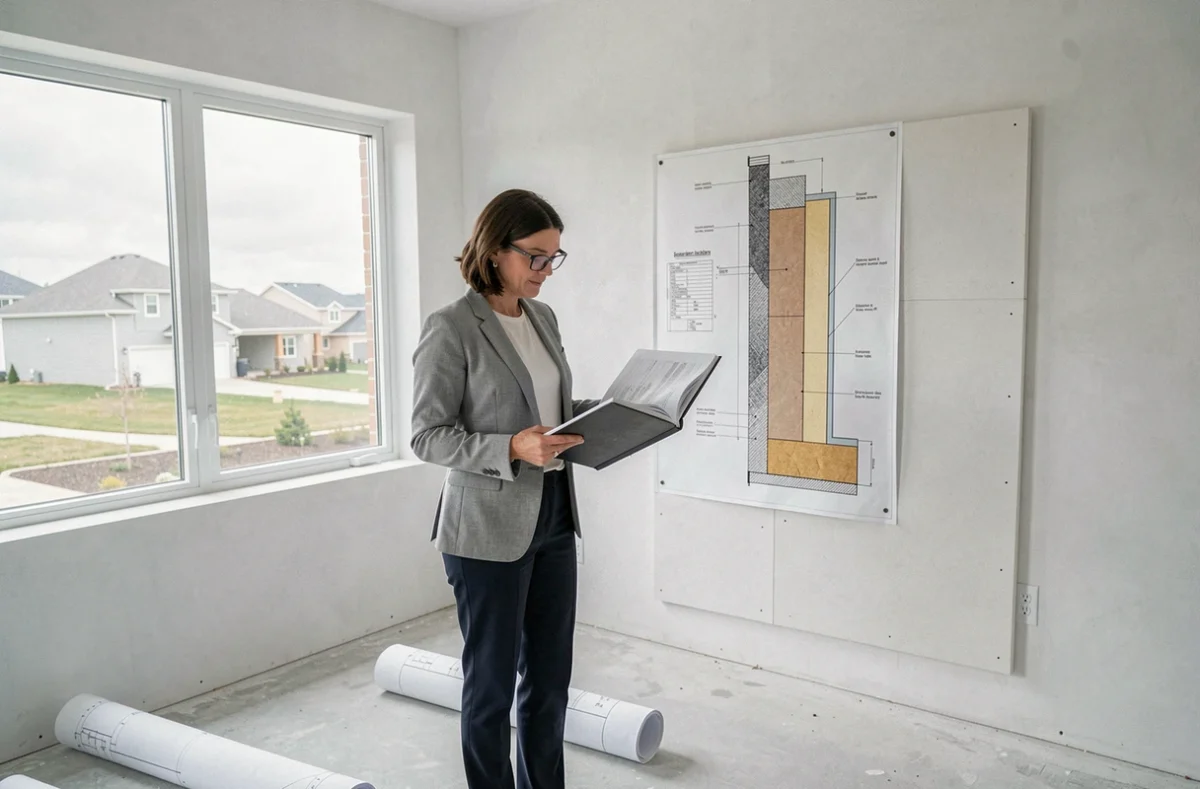 Architecte féminine étudiant les spécifications techniques de plaques d'isolation thermique dans une maison neuve