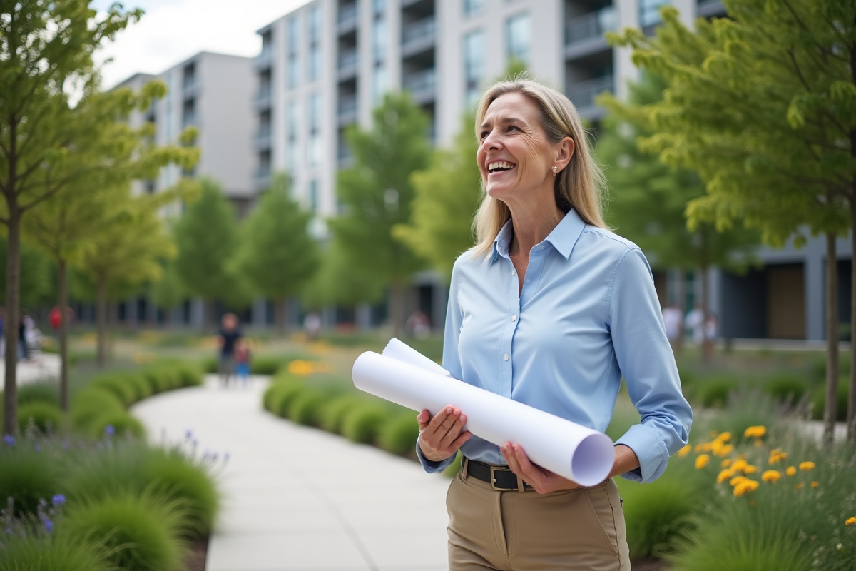 Femme architecte paysagiste souriante dans un jardin public
