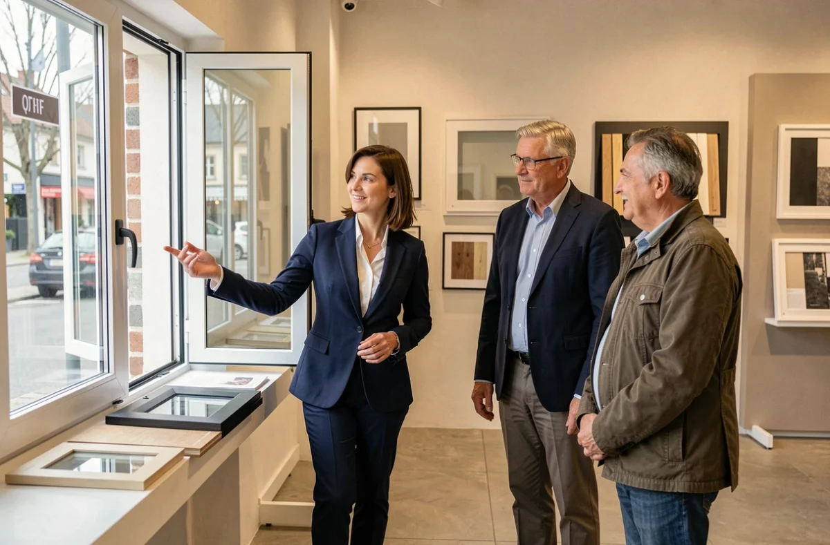 Conseillère du showroom Art et Fenêtres de Chalon-sur-Saône présentant des modèles de fenêtres à un couple de clients