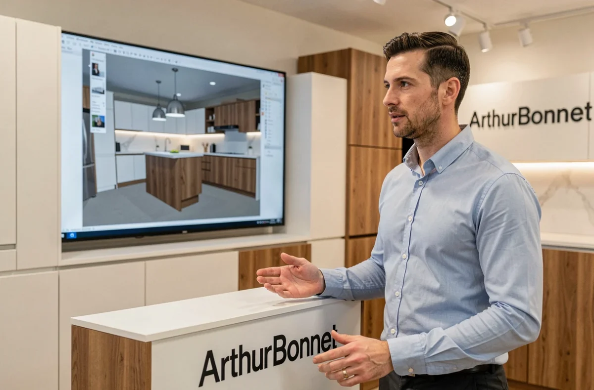 Consultant Arthur Bonnet Montluçon Domerat présentant une cuisine personnalisée dans leur showroom de l'Allier