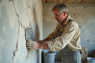 Artisan appliquant un enduit de rebouchage sur un mur abîmé avec une spatule en acier inoxydable dans une pièce en rénovation