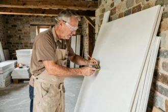 Artisan mesurant un panneau de placo isolant lors de la rénovation d'une maison avec poêle à bois