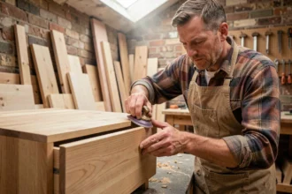 Artisan ponçant un meuble en bois exotique pour chambre enfant dans un atelier traditionnel