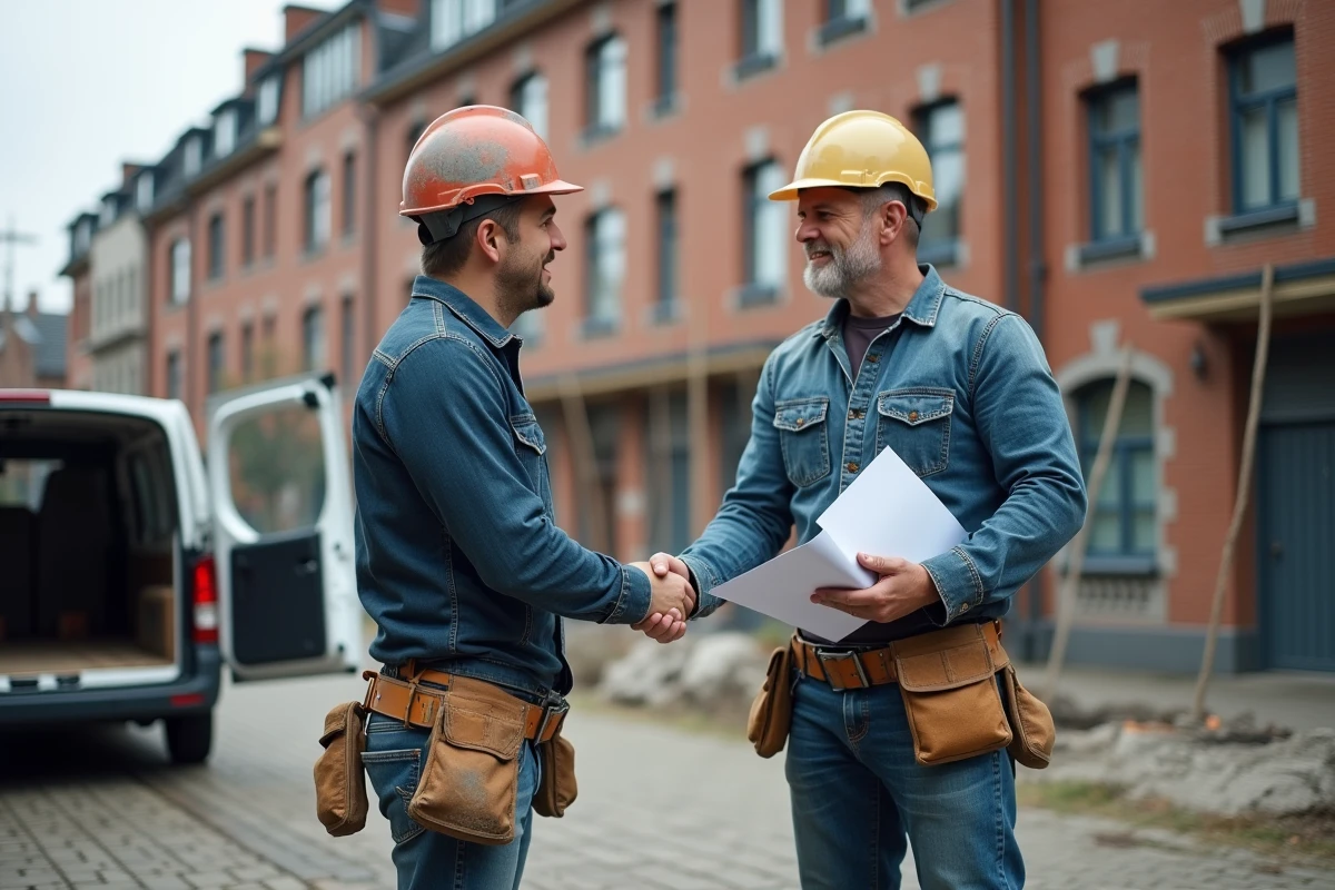 Deux artisans du bâtiment se serrant la main après validation d'un devis de rénovation sur chantier