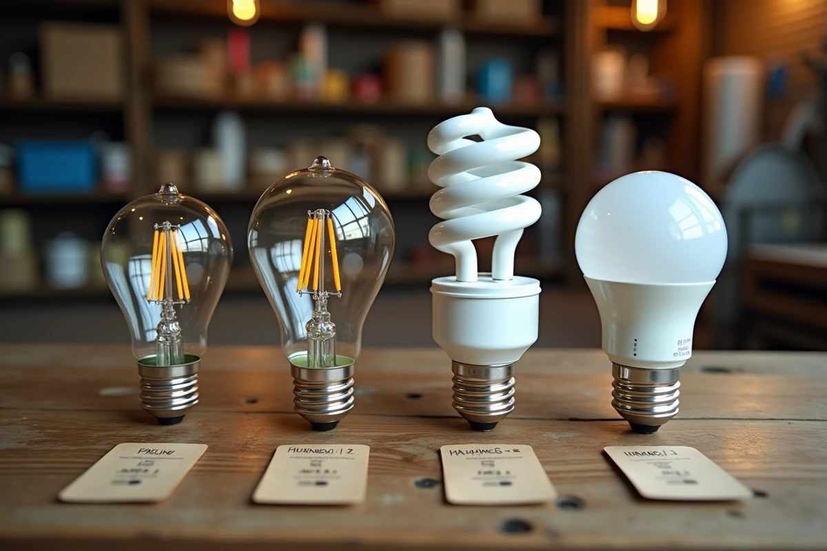 Assortiment d'ampoules incandescentes halogènes fluocompactes et LED posées sur bois avec étiquettes de conversion lumens watts