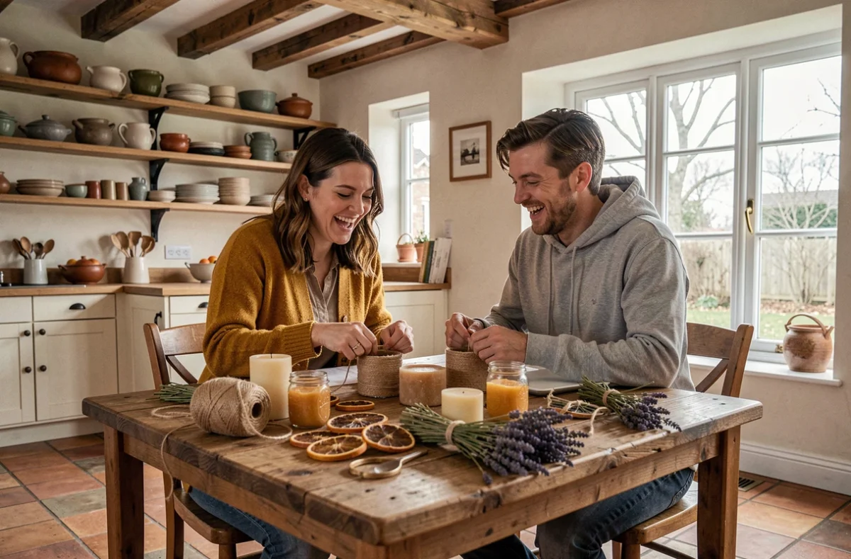 Deux amies réalisant des bougies artisanales et décorations DIY sur une grande table en bois dans un intérieur hygge chaleureux