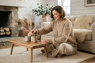 Femme en pull en laine arrangeant des bougies et herbes séchées sur une table basse en bois dans un salon hygge scandinave fait main