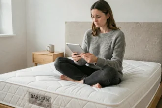 Femme lisant des avis clients sur une tablette assise sur un matelas blanc dans une chambre minimaliste style scandinave