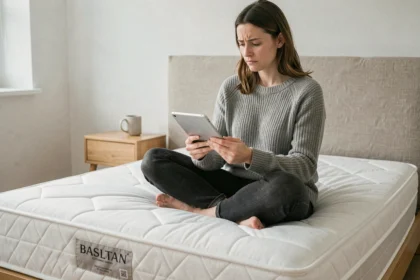 Femme lisant des avis clients sur une tablette assise sur un matelas blanc dans une chambre minimaliste style scandinave