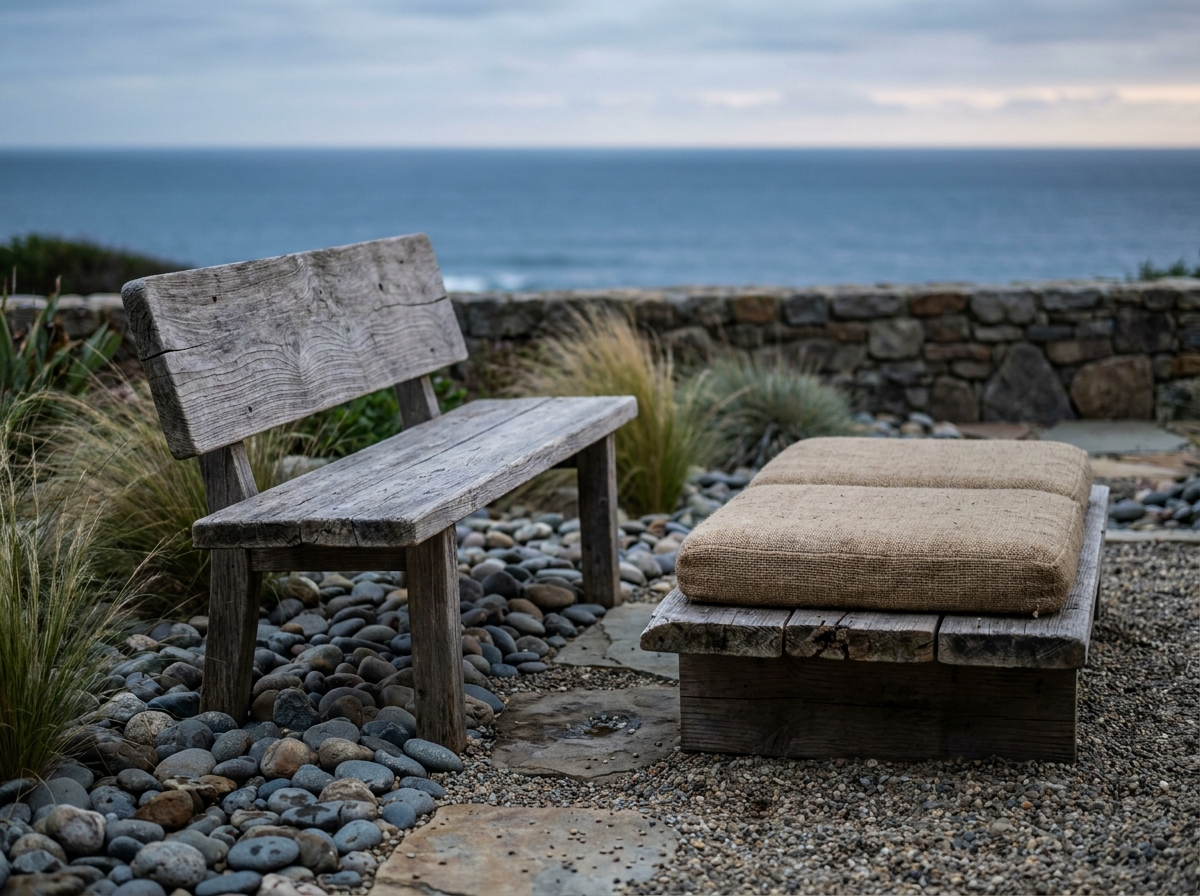 Banc en bois brut patiné et assise basse avec coussin tressé dans un coin détente de jardin zen en bord de mer