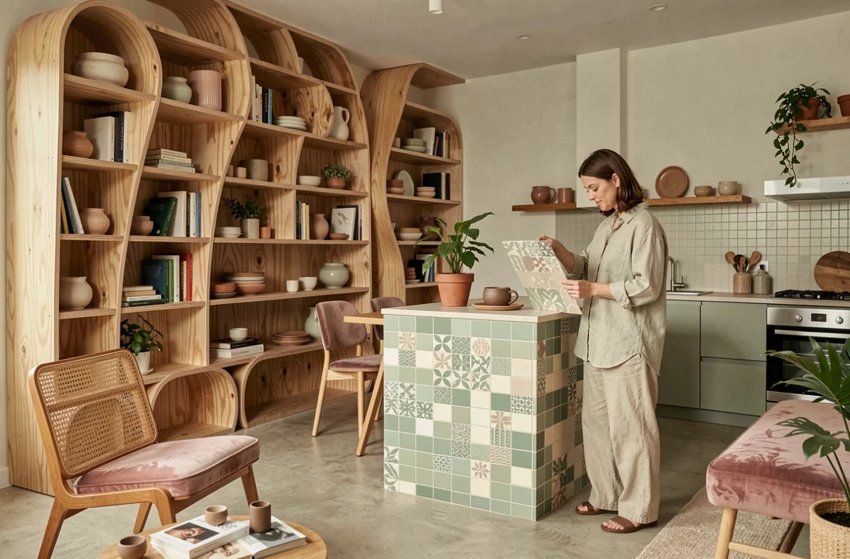Intérieur inventif et coloré créé par Batiik Studio en Île-de-France avec étagère en contreplaqué courbé et îlot en mosaïque