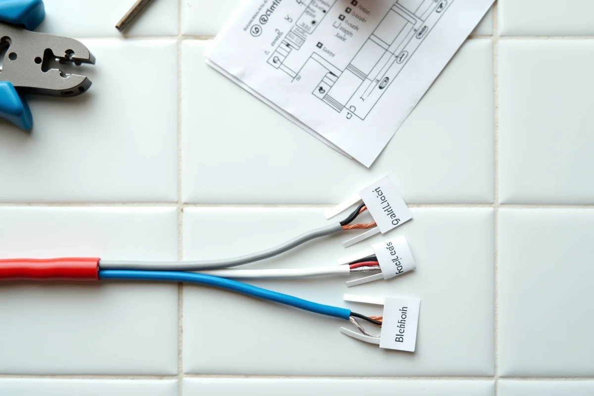 Vue de dessus d'un câble téléphonique ouvert avec fils gris, blanc et bleu étiquetés et outils de raccordement