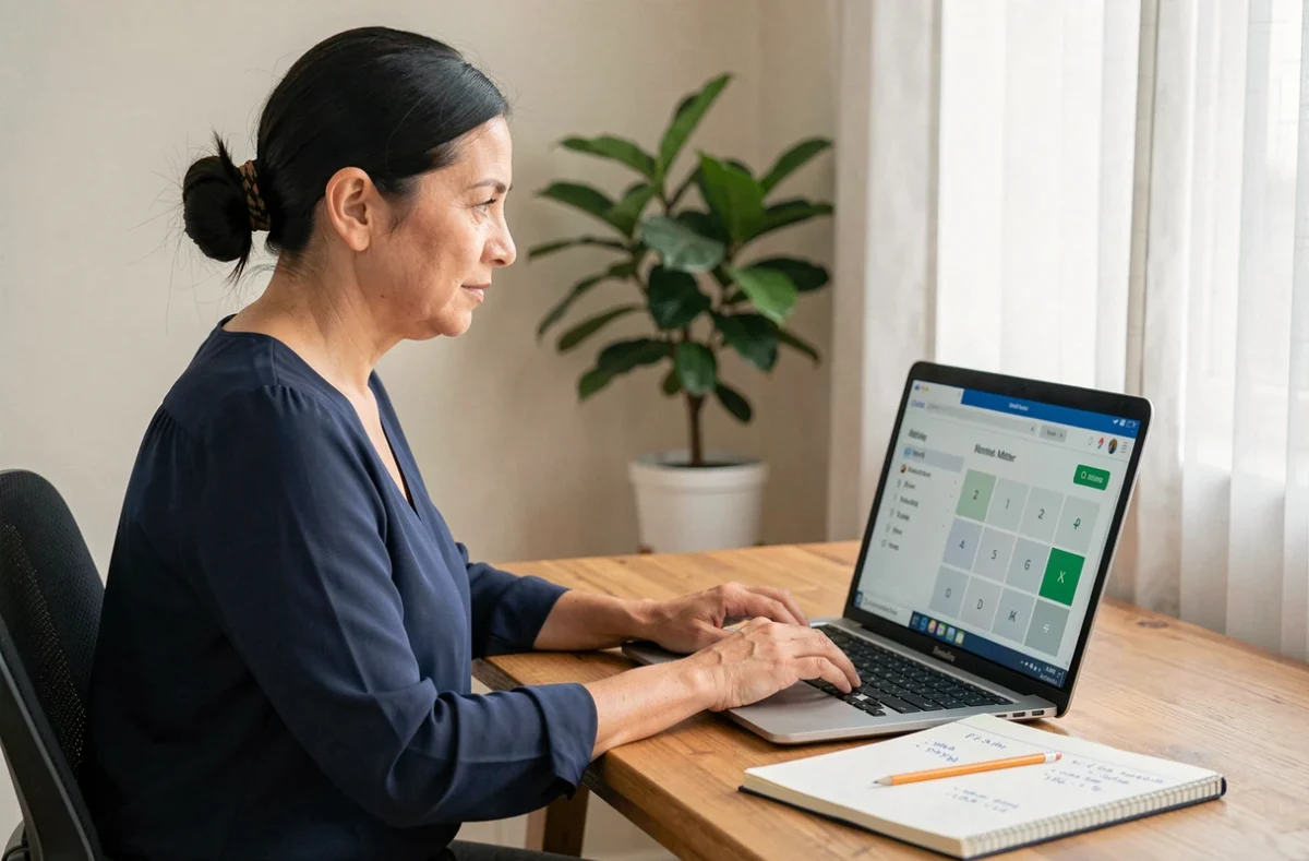 Femme utilisant un calculateur en ligne de mètre cube sur un ordinateur portable à son bureau