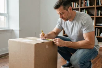 Homme mesurant un carton avec un mètre ruban pour calculer son volume en mètres cubes