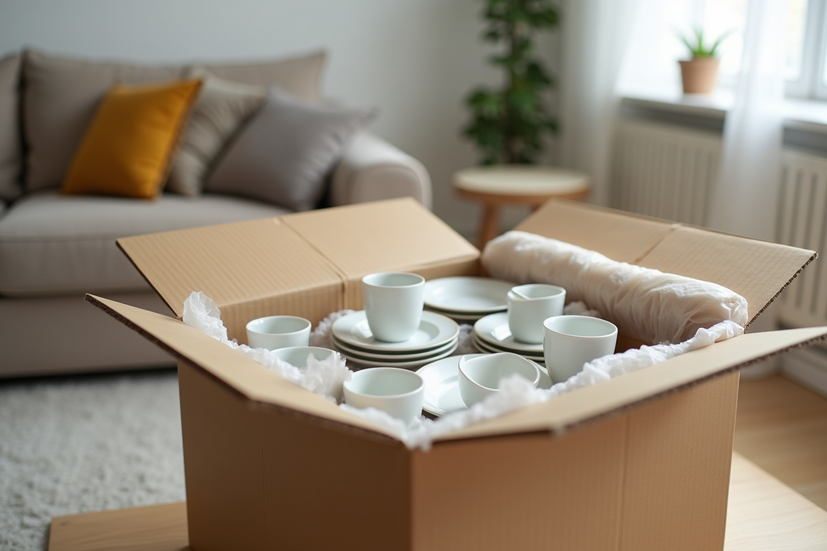 Carton ouvert avec vaisselle fragile bien protégée pour déménagement