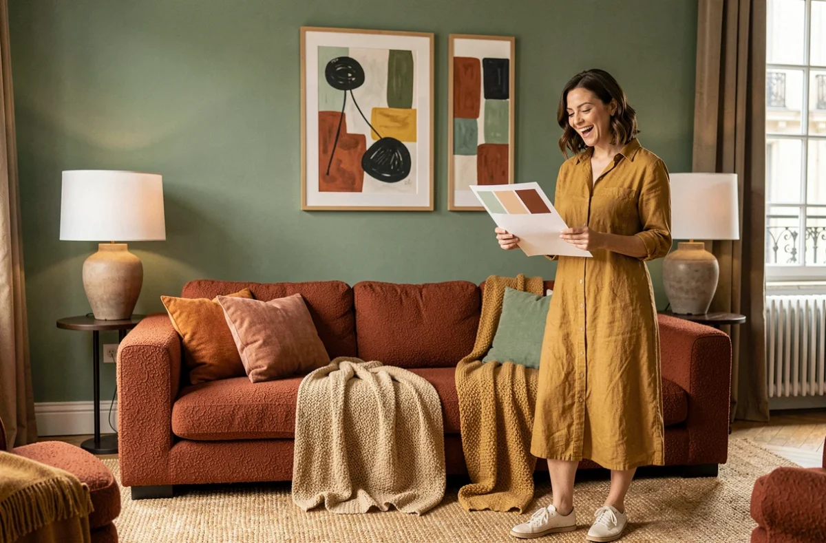 Projet clé en main coloré par Cécile Kokocinski Studio dans un appartement parisien avec canapé en bouclé terracotta
