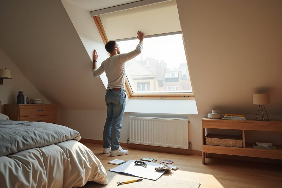 Chambre attenante moderne avec personne installant un volet Velux S06
