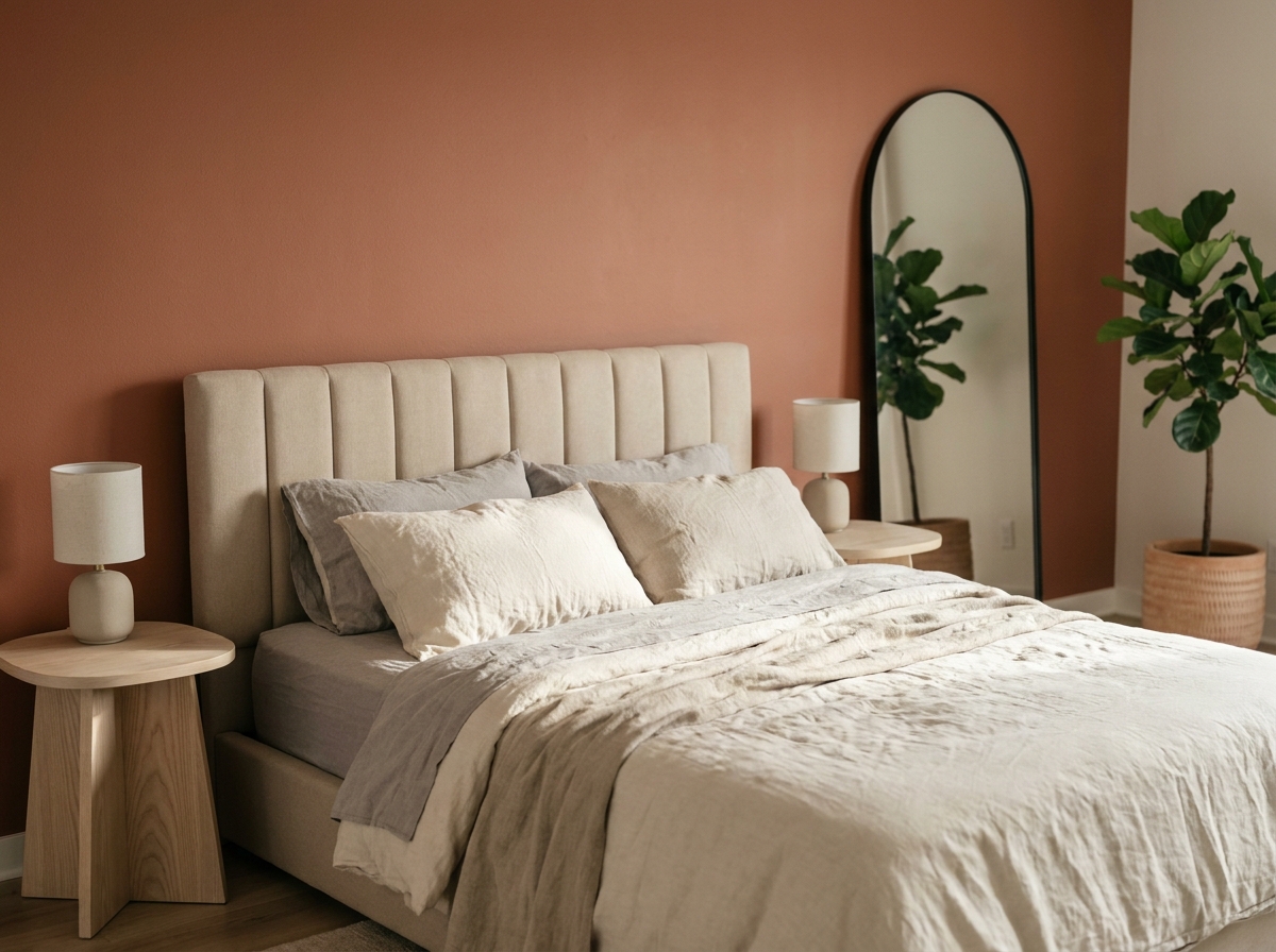 Chambre contemporaine épurée avec lit plateforme en lin beige, tête de lit capitonnée et mur en terracotta