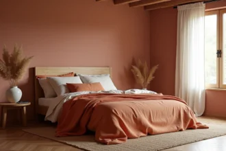 Chambre parentale chaleureuse avec literie en lin terracotta, tête de lit en chêne massif et mur en rose poudré mat