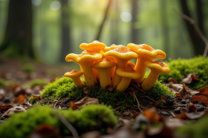 Gros plan sur des chanterelles jaunes dans la forêt humide