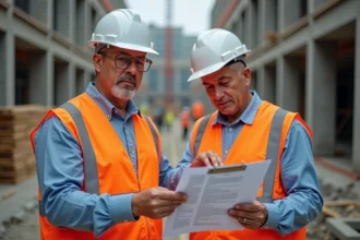 Chef de chantier examinant un contrat de rénovation sur un chantier actif avec échafaudages et murs en béton