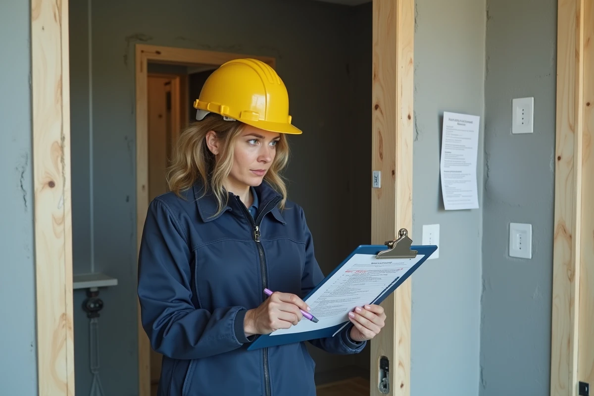 Cheffe de chantier vérifiant une check-list de conformité concernant l'utilisation de mousse expansive lors de la réception des travaux