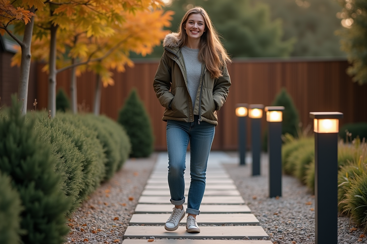 Jeune femme souriante marchant sur un chemin éclairé par des bornes