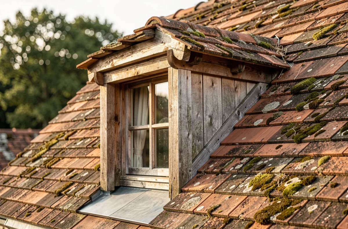 Chien assis en bois ancien sur maison de campagne française avec charpente traditionnelle apparente