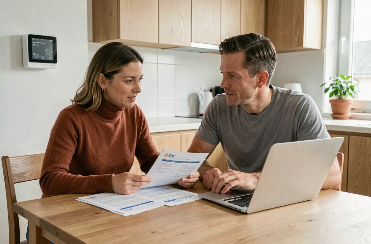 Couple étudiant les offres d'abonnement EDF adaptées à une pompe à chaleur autour d'une table avec documents et ordinateur portable