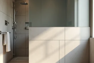 Cloison demi-hauteur en carrelage céramique dans une salle de bains moderne avec traces d'humidité visibles