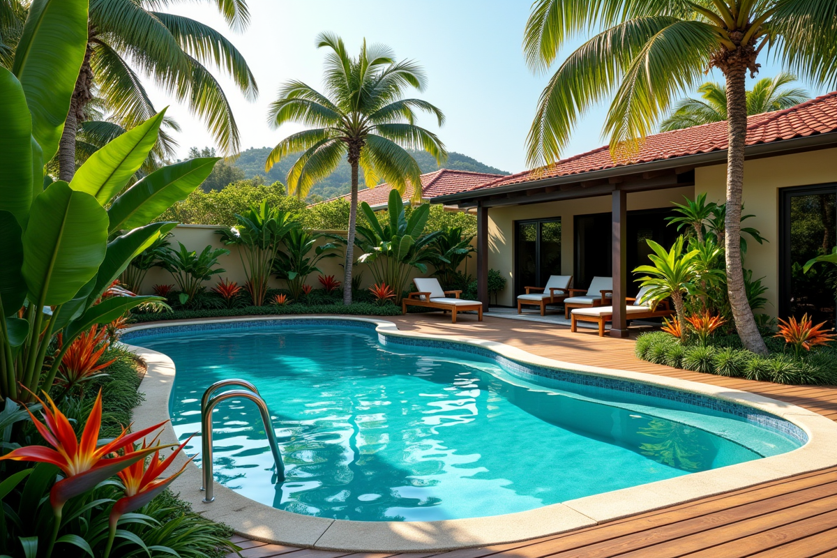 Espace piscine familial avec plantes tropicales et deck en bois