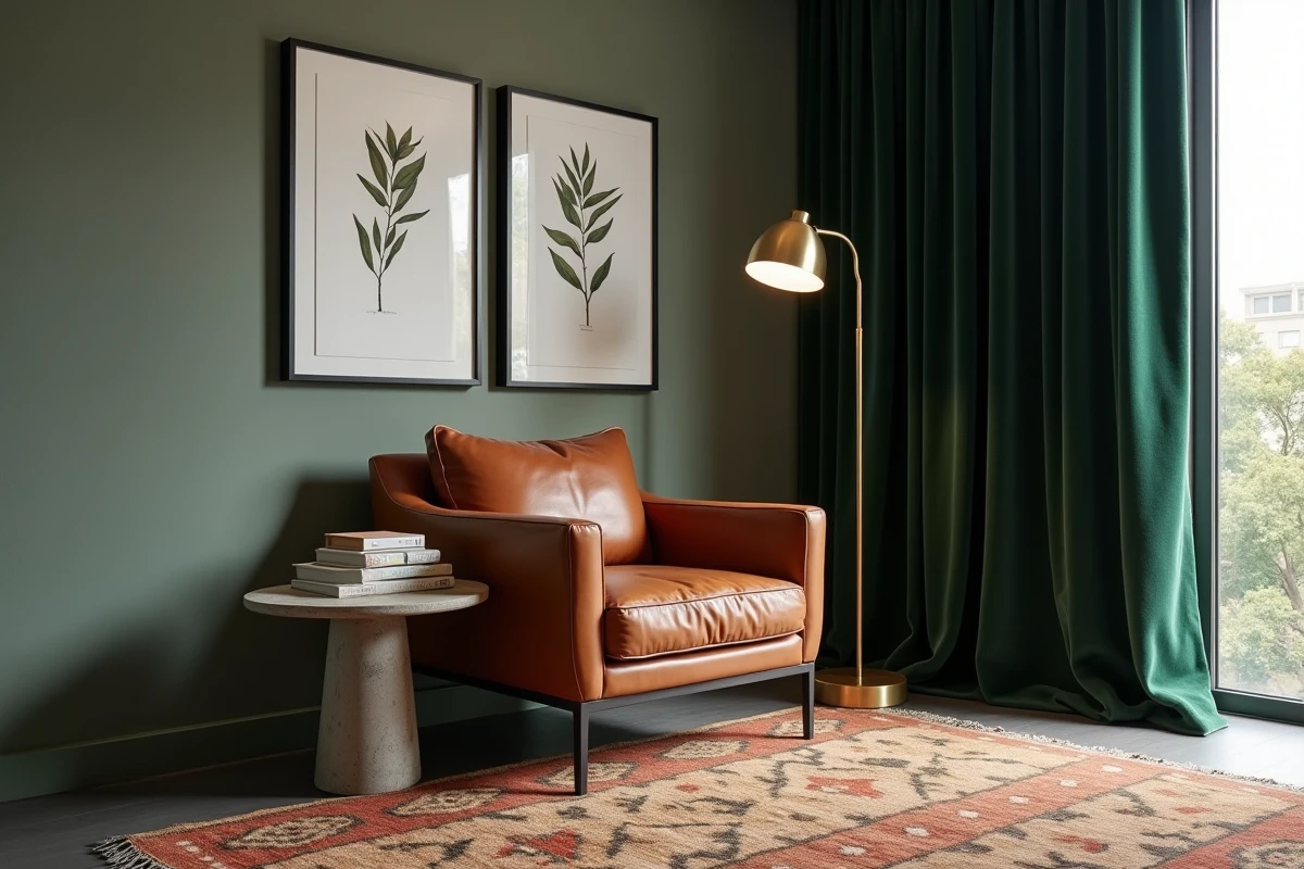 Coin lecture cosy dans une chambre parentale avec fauteuil en cuir cognac, lampe laiton et rideau velours vert forêt
