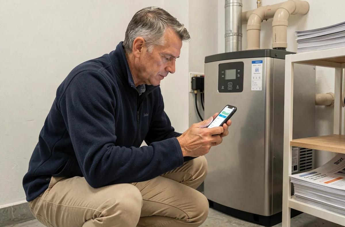 Homme consultant une application de comparaison d'abonnements EDF sur smartphone dans une chaufferie avec pompe à chaleur