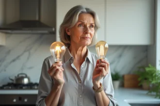 Femme comparant une ampoule incandescente et une ampoule LED dans une cuisine moderne, illustration de la conversion lumens en watts