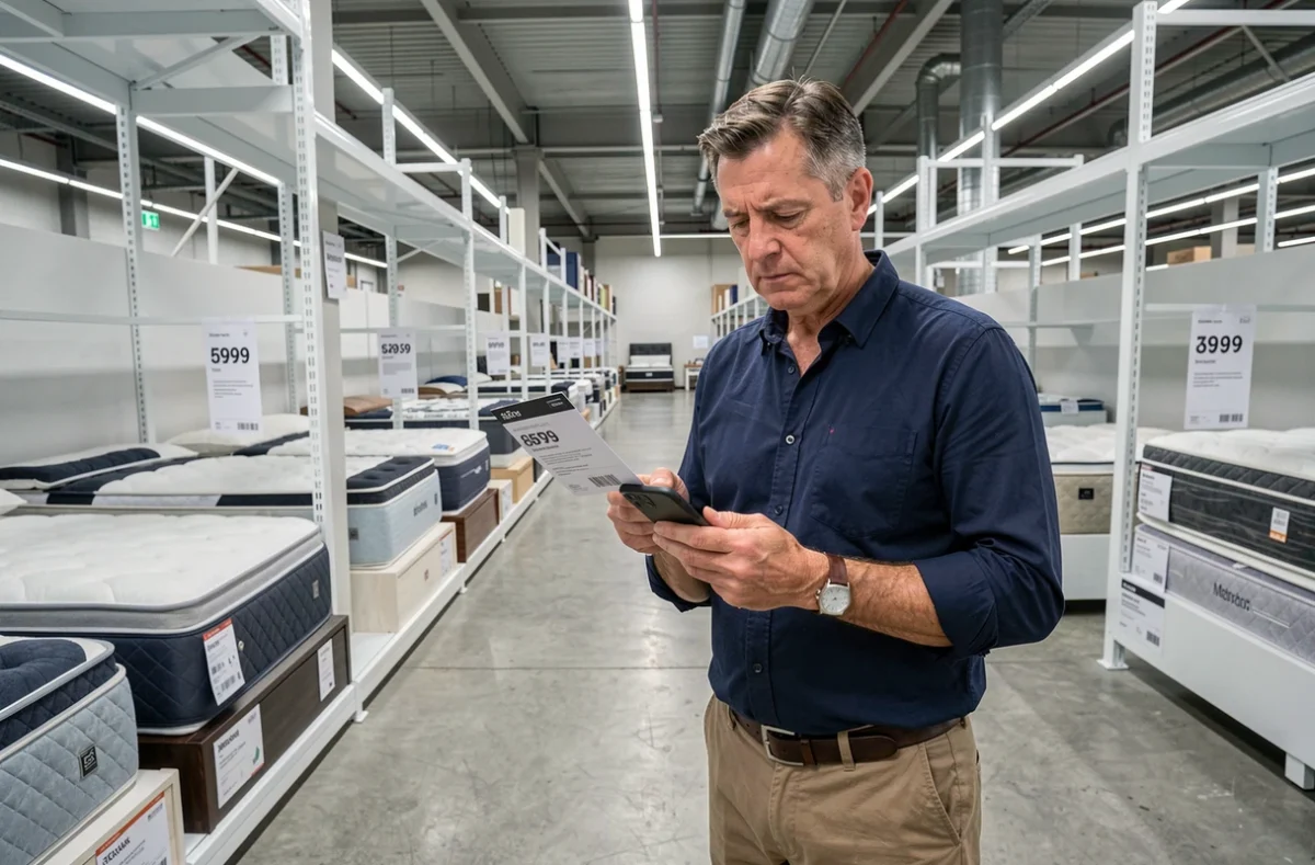 Homme comparant le prix d'un matelas avec des avis en ligne dans un grand magasin de meubles style IKEA