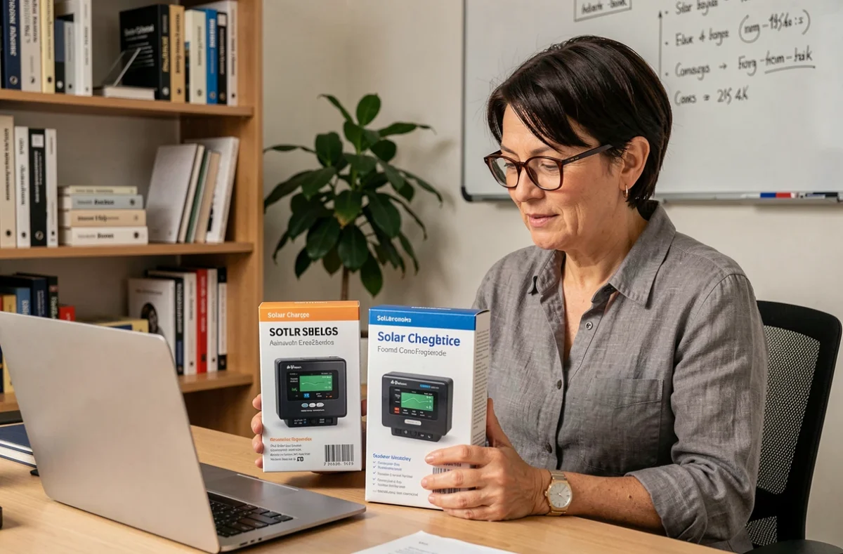 Femme comparant deux modèles de régulateurs solaires devant un ordinateur portable dans un bureau à domicile