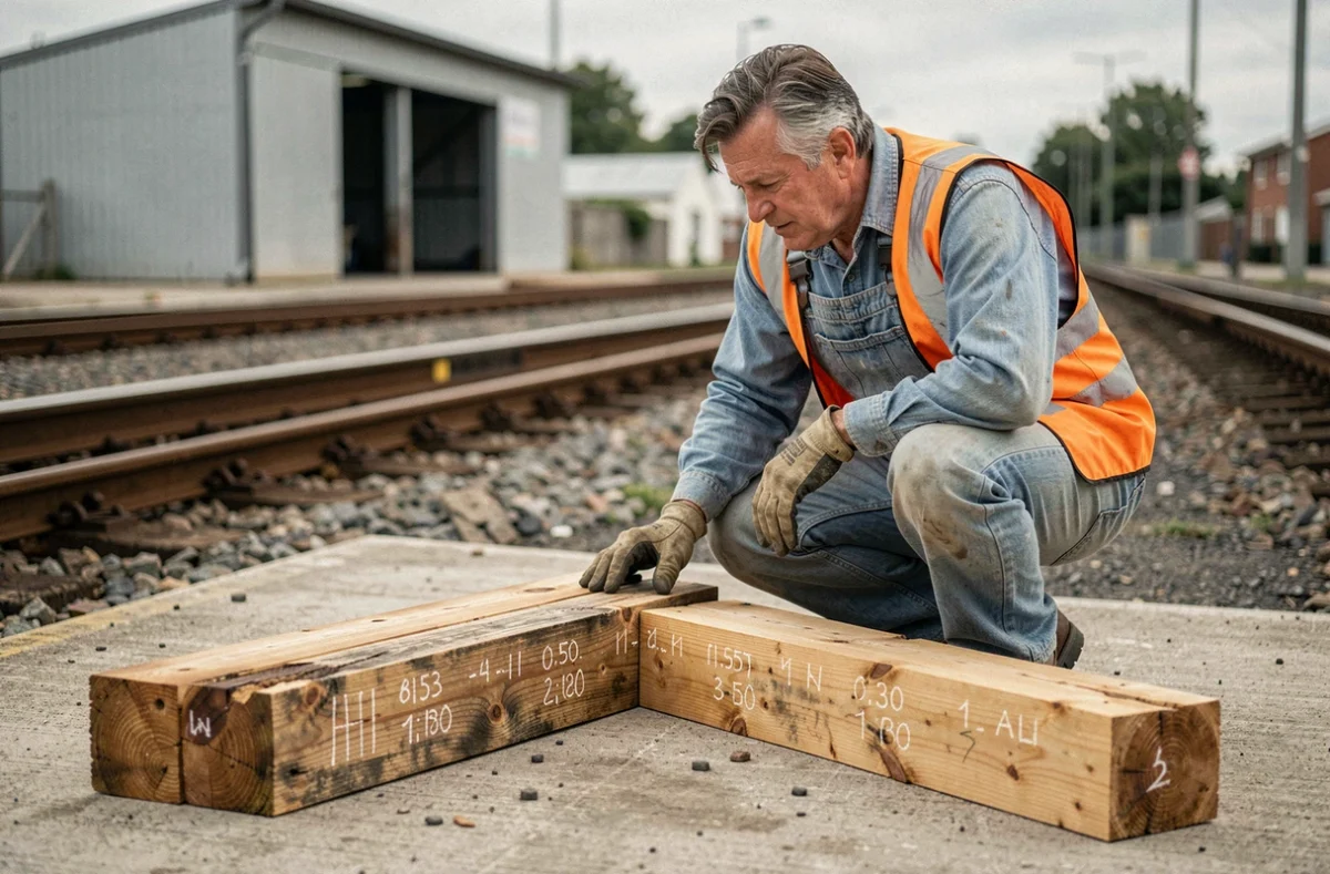 Agent de maintenance ferroviaire comparant une traverse en bois azobé neuve et une vieille traverse en pin dégradée dans un chantier de voie ferrée, illustrant les différences de durabilité selon l'essence