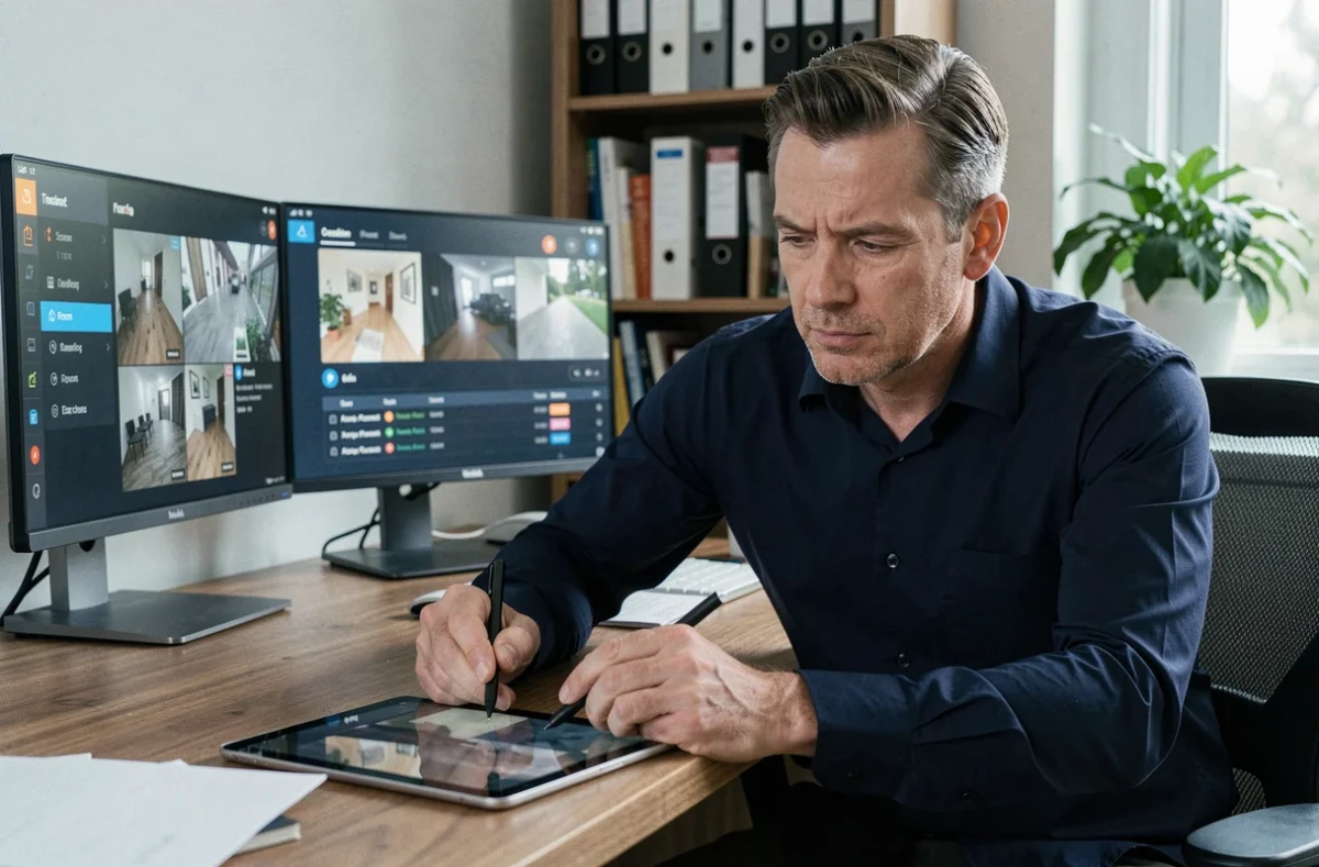 Homme comparant des interfaces d'applications de sécurité Homiris et Verisure sur ordinateur et tablette