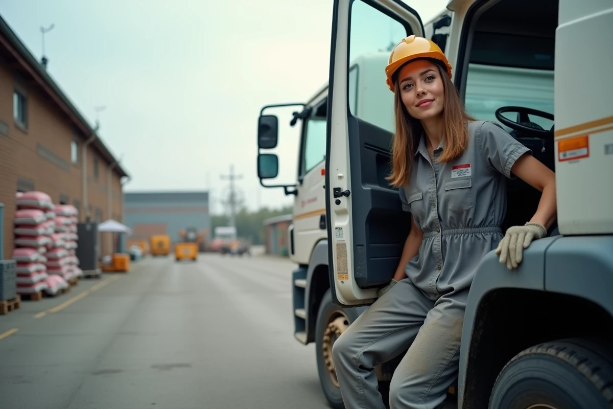 Jeune conductrice de bétonnière sortant du camion sur site urbain