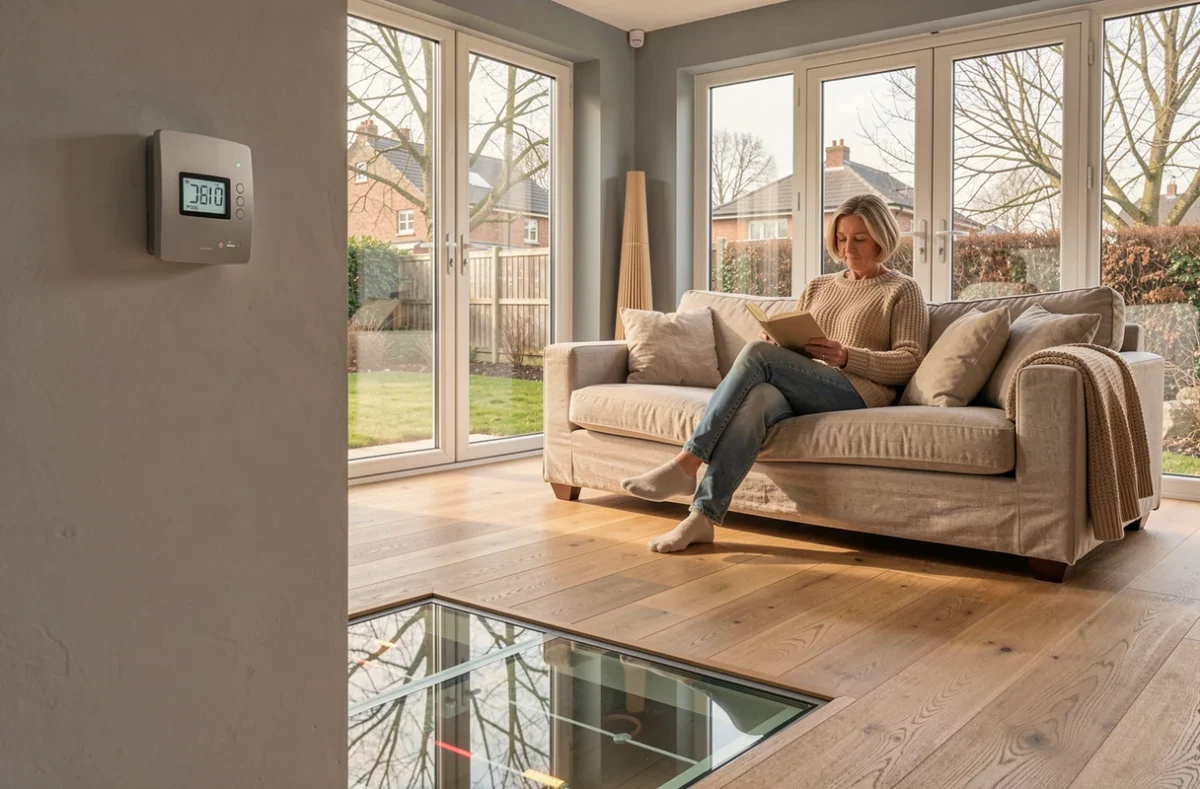 Intérieur chaleureux d'un salon équipé d'un plancher chauffant alimenté par une pompe à chaleur air-eau en hiver