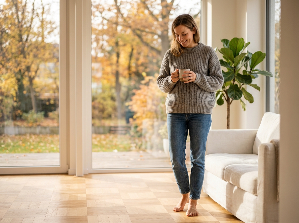 Femme profitant du confort d'un plancher chauffant géothermique dans un salon moderne et lumineux