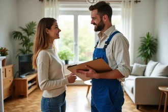 Femme souriante avec un professionnel du bricolage dans un salon lumineux